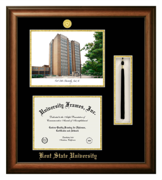 Double Opening with Campus Image & Tassel Box (Stacked) Frame in Satin Walnut with Black & Gold Mats for DOCUMENT: 8 1/2"H X 11"W  