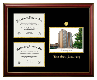 Kent State University Triple Opening with Campus Image Frame in Classic Mahogany with Gold Trim with Black & Gold Mats for DOCUMENT: 8 1/2"H X 11"W  , DOCUMENT: 8 1/2"H X 11"W  