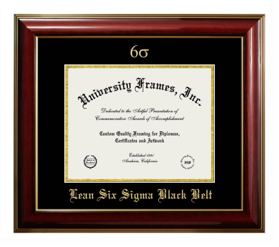 Lean Six Sigma Black Belt Diploma Frame in Classic Mahogany with Gold Trim with Black & Gold Mats for DOCUMENT: 8 1/2"H X 11"W  