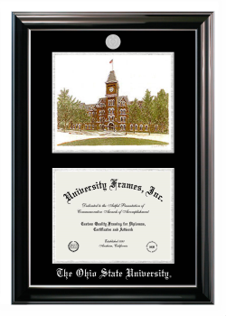 Double Opening with Campus Image (Stacked) Frame in Classic Ebony with Silver Trim with Black & Silver Mats for DOCUMENT: 8 1/2"H X 11"W  