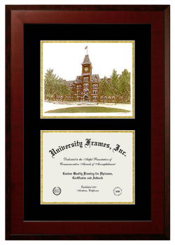 Double Opening with Campus Image (Unimprinted Mat) Frame in Honors Mahogany with Black & Gold Mats for DOCUMENT: 8 1/2"H X 11"W  