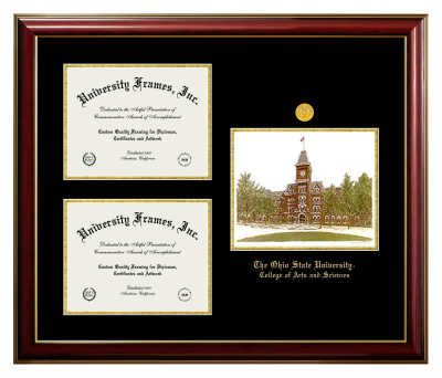 Triple Opening with Campus Image Frame in Classic Mahogany with Gold Trim with Black & Gold Mats for DOCUMENT: 8 1/2"H X 11"W  , DOCUMENT: 8 1/2"H X 11"W  