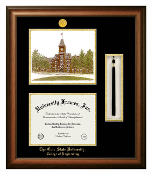 Double Opening with Campus Image & Tassel Box (Stacked) Frame in Satin Walnut with Black & Gold Mats for DOCUMENT: 8 1/2"H X 11"W  