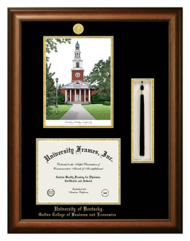 Double Opening with Campus Image & Tassel Box (Stacked) Frame in Satin Walnut with Black & Gold Mats for DOCUMENT: 8 1/2"H X 11"W  