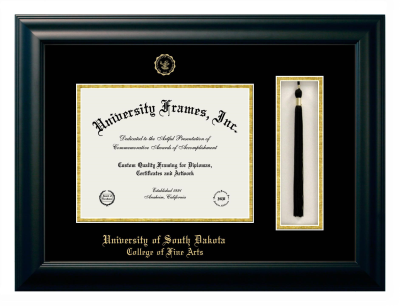 University of South Dakota College of Fine Arts Diploma with Tassel Box Frame in Satin Black with Black & Gold Mats for DOCUMENT: 8 1/2"H X 11"W  