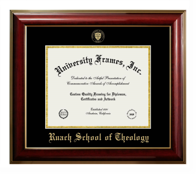 Ruach School of Theology Diploma Frame in Classic Mahogany with Gold Trim with Black & Gold Mats for DOCUMENT: 8 1/2"H X 11"W  