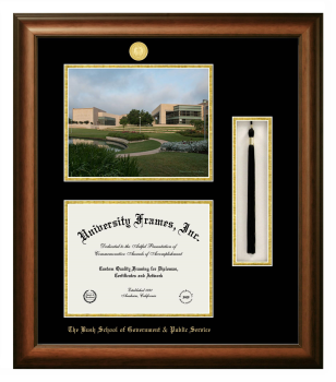 Double Opening with Campus Image & Tassel Box (Stacked) Frame in Satin Walnut with Black & Gold Mats for DOCUMENT: 8 1/2"H X 11"W  