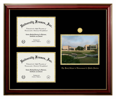 Triple Opening with Campus Image Frame in Classic Mahogany with Gold Trim with Black & Gold Mats for DOCUMENT: 8 1/2"H X 11"W  , DOCUMENT: 8 1/2"H X 11"W  