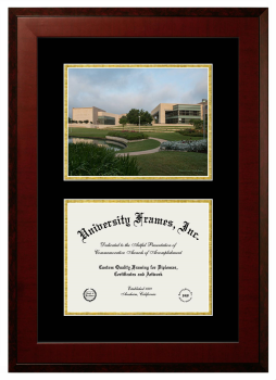 Double Opening with Campus Image (Unimprinted Mat) Frame in Honors Mahogany with Black & Gold Mats for DOCUMENT: 8 1/2"H X 11"W  