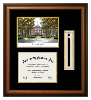 Double Opening with Campus Image & Tassel Box (Stacked) Frame in Satin Walnut with Black & Gold Mats for DOCUMENT: 8 1/2"H X 11"W  