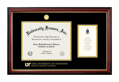 Diploma with Announcement Frame in Petite Mahogany with Gold Trim with Black & Gold Mats for DOCUMENT: 8 1/2"H X 11"W  ,  7"H X 4"W  