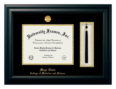 Diploma with Tassel Box Frame in Satin Black with Black & Gold Mats for DOCUMENT: 8 1/2"H X 11"W  