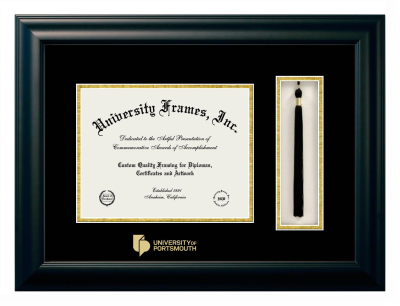 University of Portsmouth Diploma with Tassel Box Frame in Satin Black with Black & Gold Mats for DOCUMENT: 8 1/2"H X 11"W  