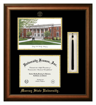 Double Opening with Campus Image & Tassel Box (Stacked) Frame in Satin Walnut with Black & Gold Mats for DOCUMENT: 8 1/2"H X 11"W  