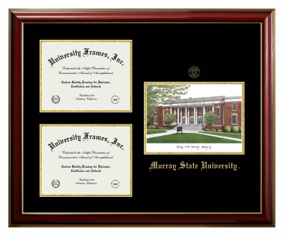 Triple Opening with Campus Image Frame in Classic Mahogany with Gold Trim with Black & Gold Mats for DOCUMENT: 8 1/2"H X 11"W  , DOCUMENT: 8 1/2"H X 11"W  