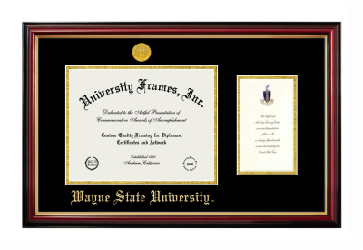 Diploma with Announcement Frame in Petite Mahogany with Gold Trim with Black & Gold Mats for DOCUMENT: 8 1/2"H X 11"W  ,  7"H X 4"W  