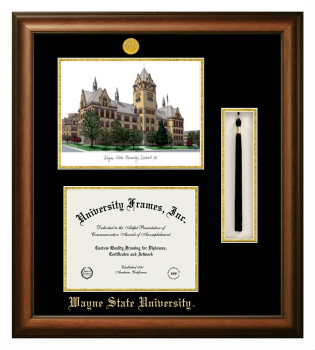 Double Opening with Campus Image & Tassel Box (Stacked) Frame in Satin Walnut with Black & Gold Mats for DOCUMENT: 8 1/2"H X 11"W  