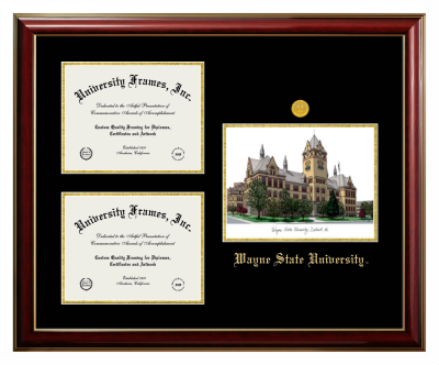 Triple Opening with Campus Image Frame in Classic Mahogany with Gold Trim with Black & Gold Mats for DOCUMENT: 8 1/2"H X 11"W  , DOCUMENT: 8 1/2"H X 11"W  