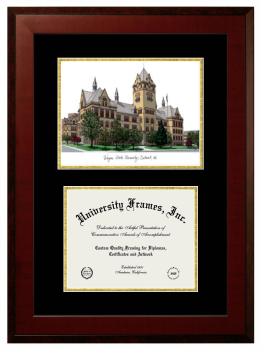 Double Opening with Campus Image (Unimprinted Mat) Frame in Honors Mahogany with Black & Gold Mats for DOCUMENT: 8 1/2"H X 11"W  