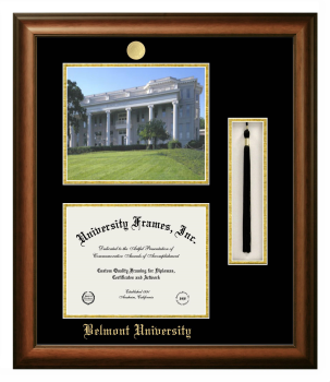 Double Opening with Campus Image & Tassel Box (Stacked) Frame in Satin Walnut with Black & Gold Mats for DOCUMENT: 8 1/2"H X 11"W  