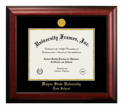 Wayne State University Law School Diploma Frame in Satin Mahogany with Black & Gold Mats for DOCUMENT: 8 1/2"H X 11"W  