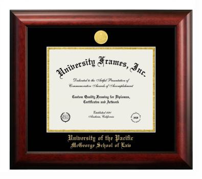 University of the Pacific McGeorge School of Law Diploma Frame in Satin Mahogany with Black & Gold Mats for DOCUMENT: 8 1/2"H X 11"W  