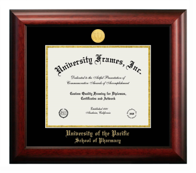 University of the Pacific School of Pharmacy Diploma Frame in Satin Mahogany with Black & Gold Mats for DOCUMENT: 8 1/2"H X 11"W  