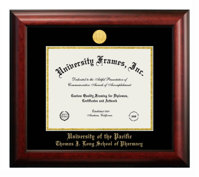 University of the PacificThomas J. Long School of Pharmacy Diploma Frame in Satin Mahogany with Black & Gold Mats for DOCUMENT: 8 1/2"H X 11"W  