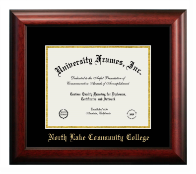 North Lake Community College Diploma Frame in Satin Mahogany with Black & Gold Mats for DOCUMENT: 8 1/2"H X 11"W  