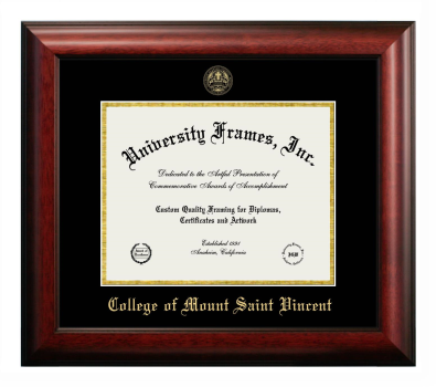 College of Mount Saint Vincent Diploma Frame in Satin Mahogany with Black & Gold Mats for DOCUMENT: 8 1/2"H X 11"W  