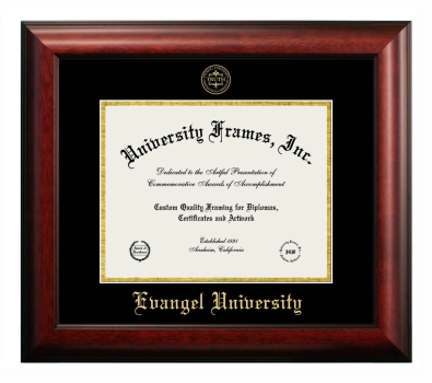 Evangel University Diploma Frame in Satin Mahogany with Black & Gold Mats for DOCUMENT: 8 1/2"H X 11"W  