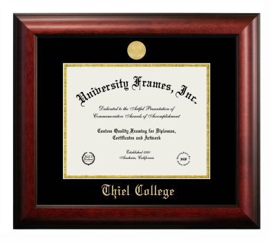 Thiel College Diploma Frame in Satin Mahogany with Black & Gold Mats for DOCUMENT: 8 1/2"H X 11"W  