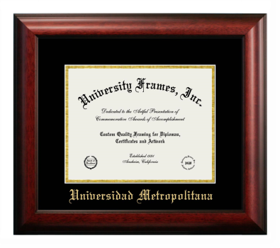 Universidad Metropolitana Diploma Frame in Satin Mahogany with Black & Gold Mats for DOCUMENT: 8 1/2"H X 11"W  