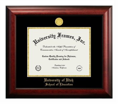 University of Utah School of Education Diploma Frame in Satin Mahogany with Black & Gold Mats for DOCUMENT: 8 1/2"H X 11"W  