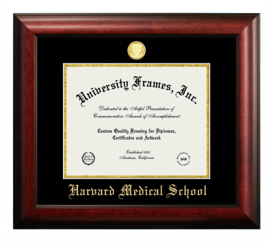 Harvard Medical School Diploma Frame in Satin Mahogany with Black & Gold Mats for DOCUMENT: 8 1/2"H X 11"W  