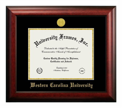 Western Carolina University Diploma Frame in Satin Mahogany with Black & Gold Mats for DOCUMENT: 8 1/2"H X 11"W  