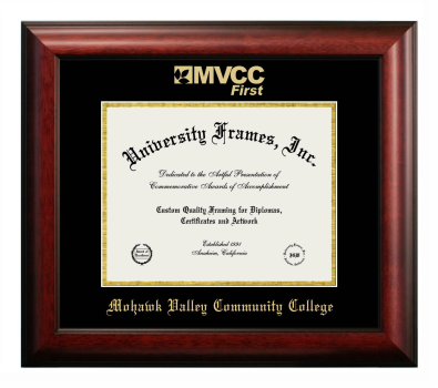 Mohawk Valley Community College Diploma Frame in Satin Mahogany with Black & Gold Mats for DOCUMENT: 8 1/2"H X 11"W  