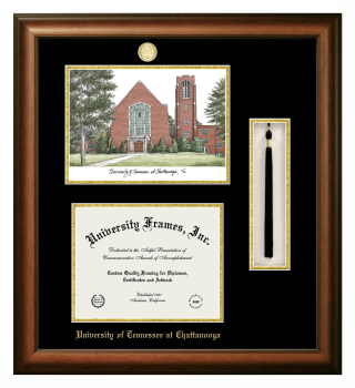 Double Opening with Campus Image & Tassel Box (Stacked) Frame in Satin Walnut with Black & Gold Mats for DOCUMENT: 8 1/2"H X 11"W  