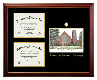 Triple Opening with Campus Image Frame in Classic Mahogany with Gold Trim with Black & Gold Mats for DOCUMENT: 8 1/2"H X 11"W  , DOCUMENT: 8 1/2"H X 11"W  