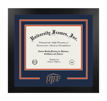 Logo Mat Frame in Manhattan Black with Navy Blue & Orange Mats for DOCUMENT: 8 1/2"H X 11"W  