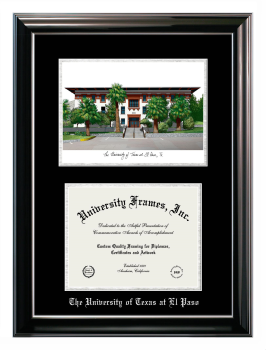 Double Opening with Campus Image (Stacked) Frame in Classic Ebony with Silver Trim with Black & Silver Mats for DOCUMENT: 8 1/2"H X 11"W  