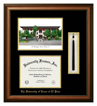 Double Opening with Campus Image & Tassel Box (Stacked) Frame in Satin Walnut with Black & Gold Mats for DOCUMENT: 8 1/2"H X 11"W  