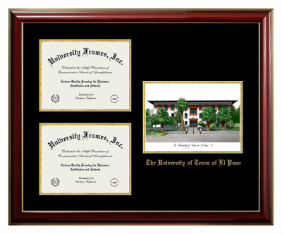 Triple Opening with Campus Image Frame in Classic Mahogany with Gold Trim with Black & Gold Mats for DOCUMENT: 8 1/2"H X 11"W  , DOCUMENT: 8 1/2"H X 11"W  