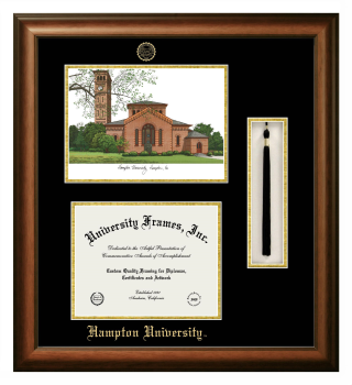 Double Opening with Campus Image & Tassel Box (Stacked) Frame in Satin Walnut with Black & Gold Mats for DOCUMENT: 8 1/2"H X 11"W  