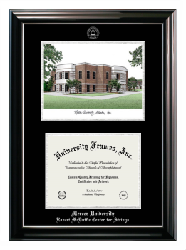 Mercer University Robert McDuffie Center for Strings Double Opening with Campus Image (Stacked) Frame in Classic Ebony with Silver Trim with Black & Silver Mats for DOCUMENT: 8 1/2"H X 11"W  