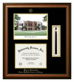 Mercer University Robert McDuffie Center for Strings Double Opening with Campus Image & Tassel Box (Stacked) Frame in Satin Walnut with Black & Gold Mats for DOCUMENT: 8 1/2"H X 11"W  