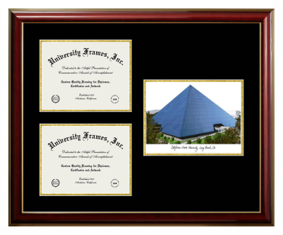 Triple Opening with Campus Image Frame in Classic Mahogany with Gold Trim with Black & Gold Mats for DOCUMENT: 8 1/2"H X 11"W  , DOCUMENT: 8 1/2"H X 11"W  