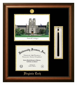 Double Opening with Campus Image & Tassel Box (Stacked) Frame in Satin Walnut with Black & Gold Mats for DOCUMENT: 8 1/2"H X 11"W  