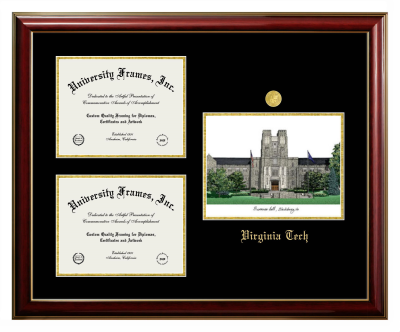 Triple Opening with Campus Image Frame in Classic Mahogany with Gold Trim with Black & Gold Mats for DOCUMENT: 8 1/2"H X 11"W  , DOCUMENT: 8 1/2"H X 11"W  