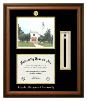 Loyola Marymount University Double Opening with Campus Image & Tassel Box (Stacked) Frame in Satin Walnut with Black & Gold Mats for DOCUMENT: 8 1/2"H X 11"W  